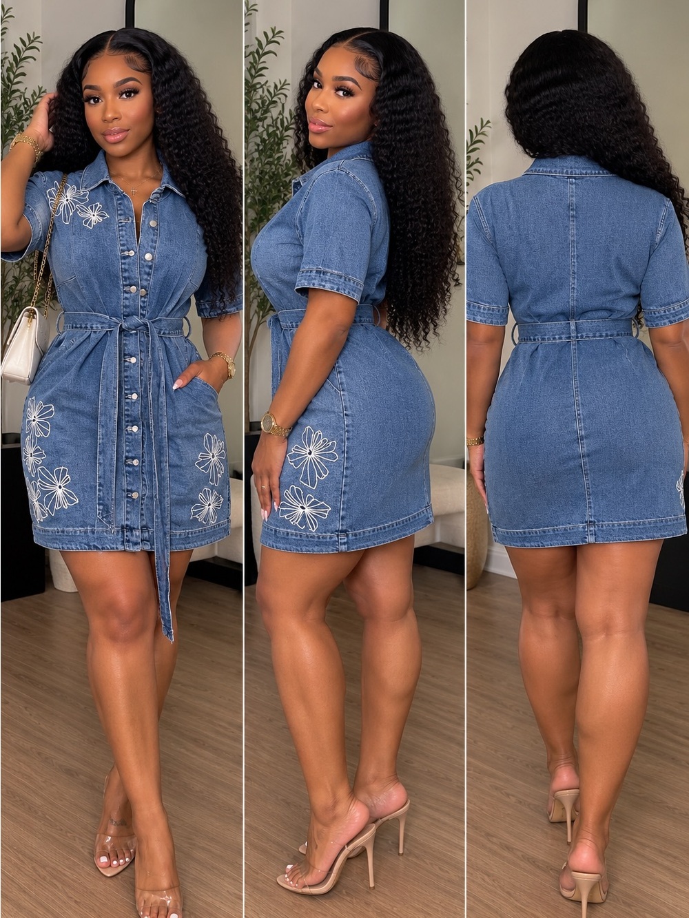 Embellished Blue Denim Button-Front Mini Dress with Self-Tie Waist
